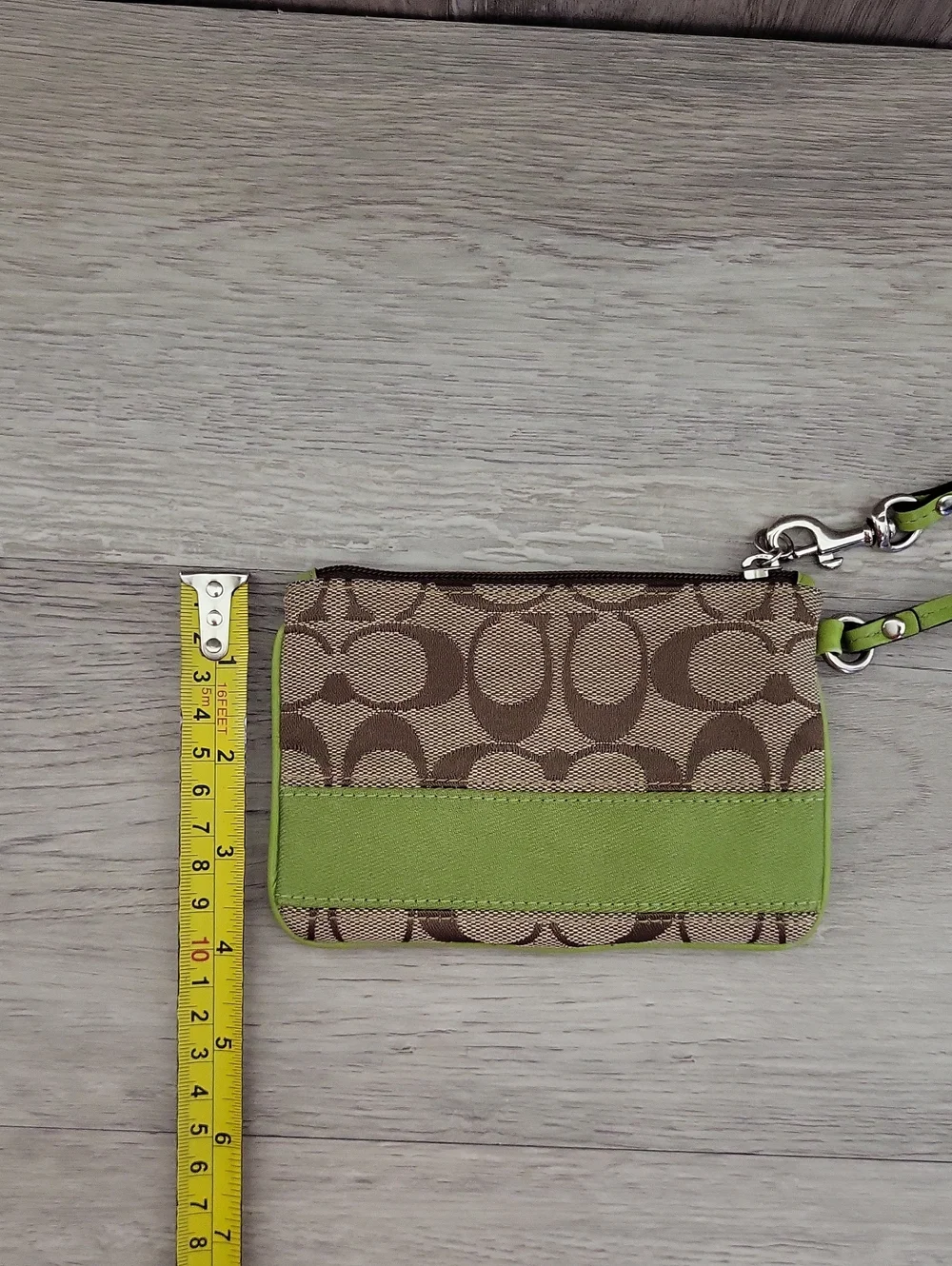 Coach Signature Wristlet Lime Green Trim Khaki Jacquard Wrist Strap Mini Pouch